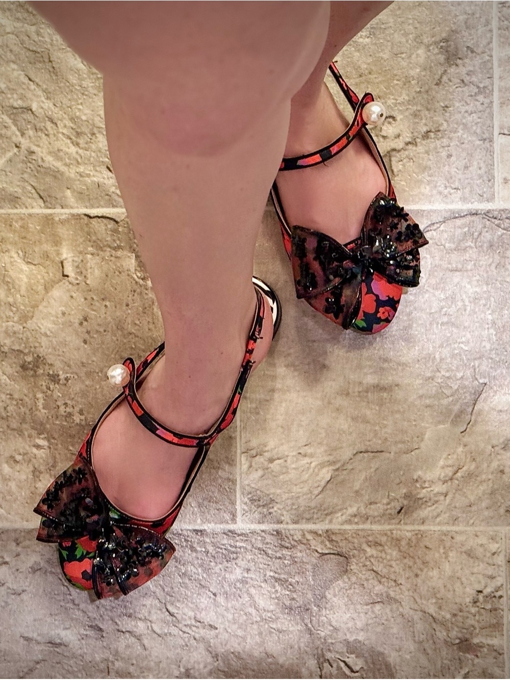 Betsey Johnson Livy Black Poppy - Floral Mary Jane’s with Bow & Pearl - Picture 12 of 13